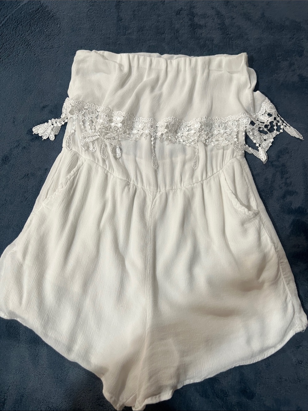 Bobbi Rocco Strapless White Crochet-Trim Romper